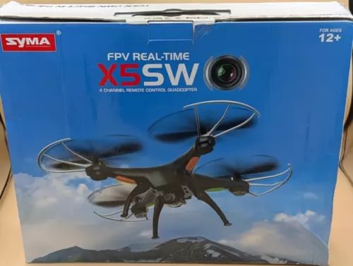 RC quadcopter drone box with blue front and printed black FPV drone illustration