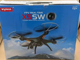 RC quadcopter drone box with blue front and printed black FPV drone illustration