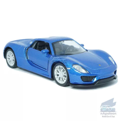 1/36 scale blue Porsche 918 Spyder diecast model car, front three-quarter view