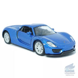 1/36 scale blue Porsche 918 Spyder diecast model car, front three-quarter view