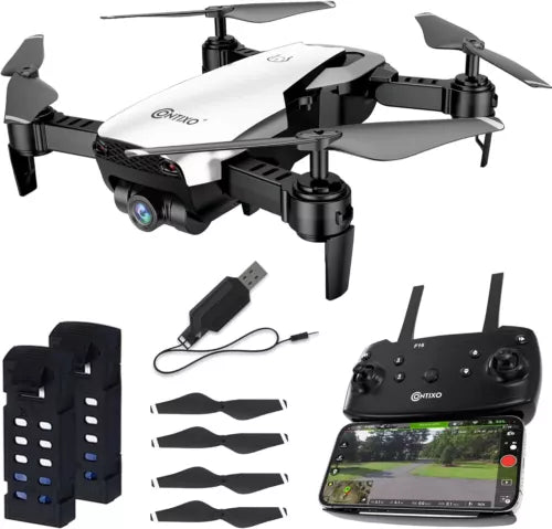 Contixo F16 FPV drone with camera, gray/black quadcopter and remote controller screen