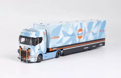 Scania S730 diecast enclosed double deck truck model, blue, front 3/4 view