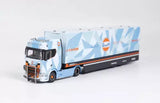 Scania S730 diecast enclosed double deck truck model, blue, front 3/4 view