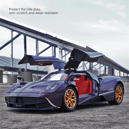 Alloy sports car model diecast with open doors, purple body, gold wheels