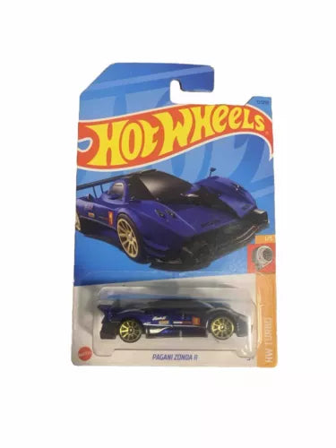 Blue diecast toy car in Hot Wheels blister package, Pagani Zonda R style.