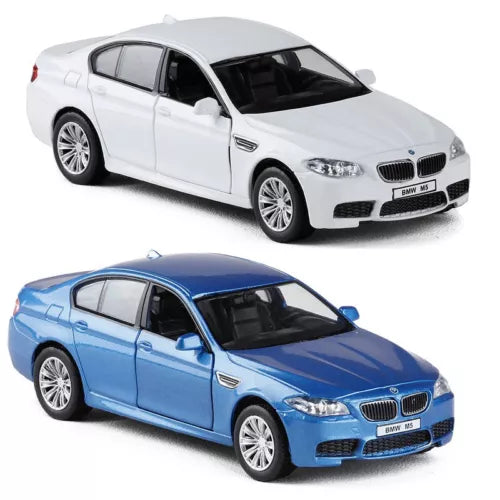 1:36 pull-back diecast model car, blue and white M5-style sedan with alloy wheels