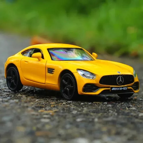 Yellow Mercedes AMG GTS 1:36 diecast pull-back car model with black wheels