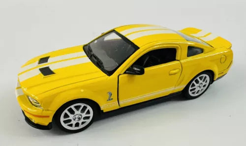Yellow 1:36 pull-back diecast toy car with black hood stripes and silver wheels