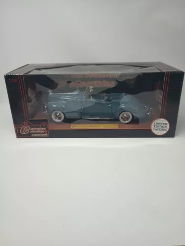 Blue 1:18 diecast convertible car in display box