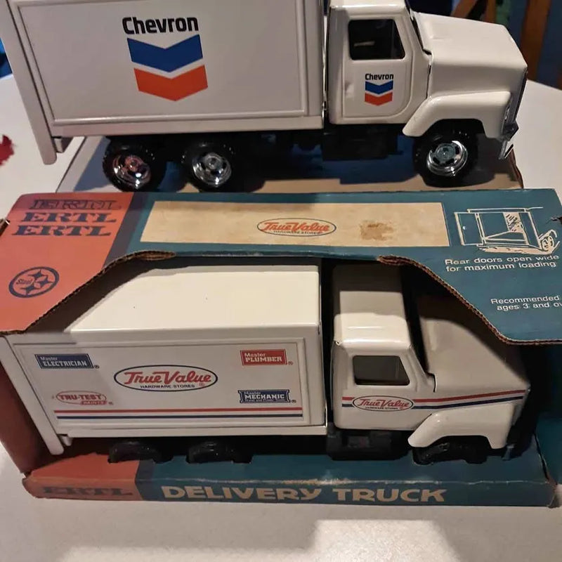 Diecast delivery truck with white cab and blue True Value graphics in box