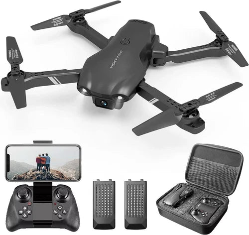 FPV foldable quadcopter drone kit with remote controller, two batteries, and case