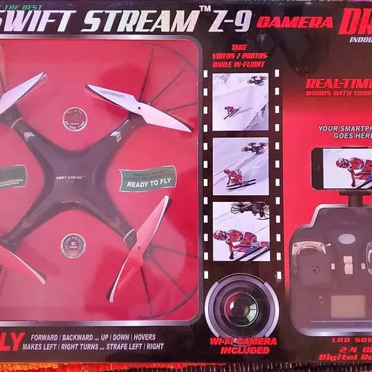 Red camera drone packaging with Wi‑Fi camera label and propeller graphic