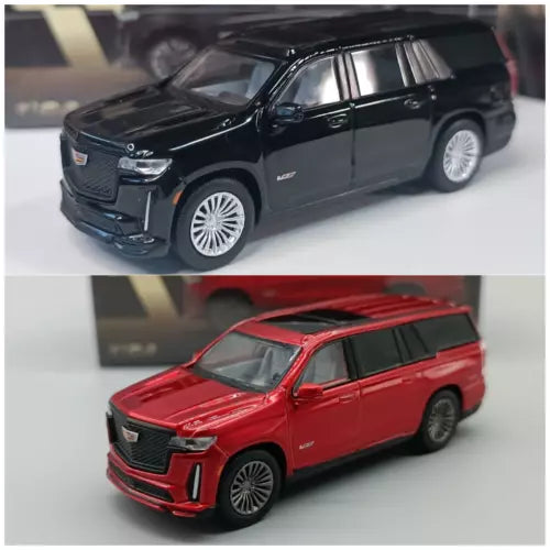 1/64 scale diecast SUV model car, black and red, side view, detailed