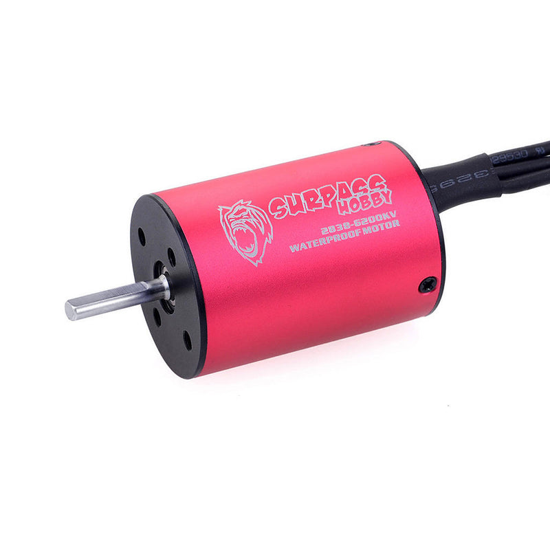 Red brushless motor with metal shaft and cylindrical body, rear wires and mounting holes