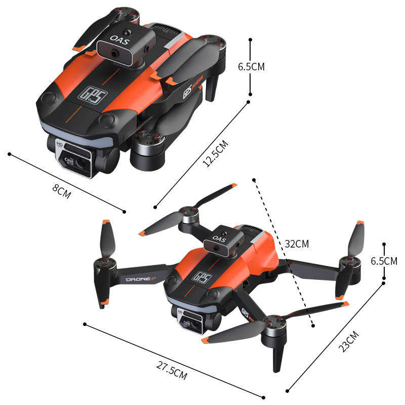 Mini quadcopter RC drone, orange and black, four propellers and front sensor module
