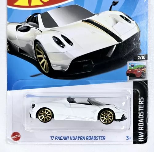 White and black Hot Wheels '17 Pagani Huayra Roadster' diecast car in retail blister