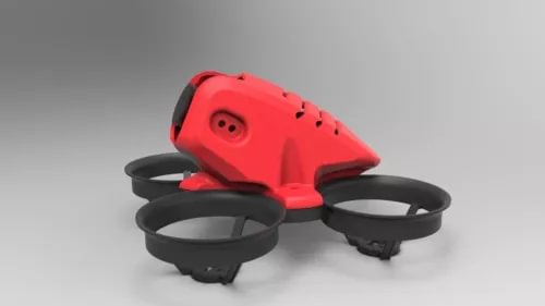 3D printed drone canopy with two black prop guards, red shell