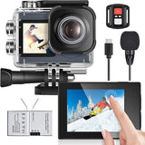 Waterproof action camera in clear case with front lens and LCD screen, charging cable