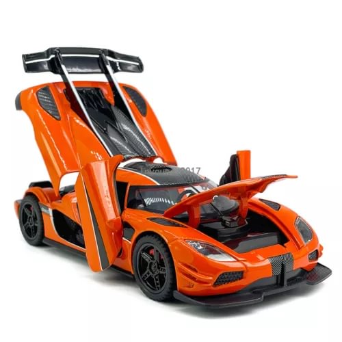 Koenigsegg One:1 1:32 diecast toy car, orange with black details, open doors