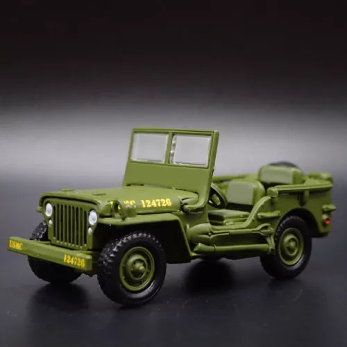 Olive green army military diecast Jeep model car, front 3/4 view, open cab
