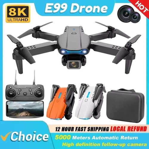 Black quadcopter drone with dual cameras, foldable propellers, and handheld remote controller.