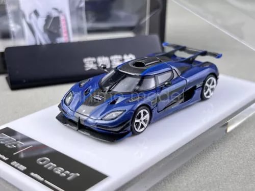 Blue racing sport diecast metal car model, front 3/4 view