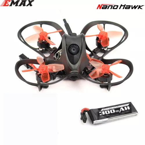 FPV racing drone with four orange propellers and central camera, includes 300mAh battery