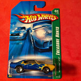 Hot Wheels Treasure Hunt diecast car in blue with yellow flames, boxed