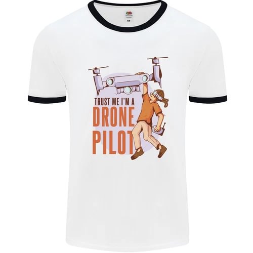 Men's white ringer T-shirt with black collar, drone pilot graphic and text