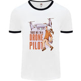Men's white ringer T-shirt with black collar, drone pilot graphic and text