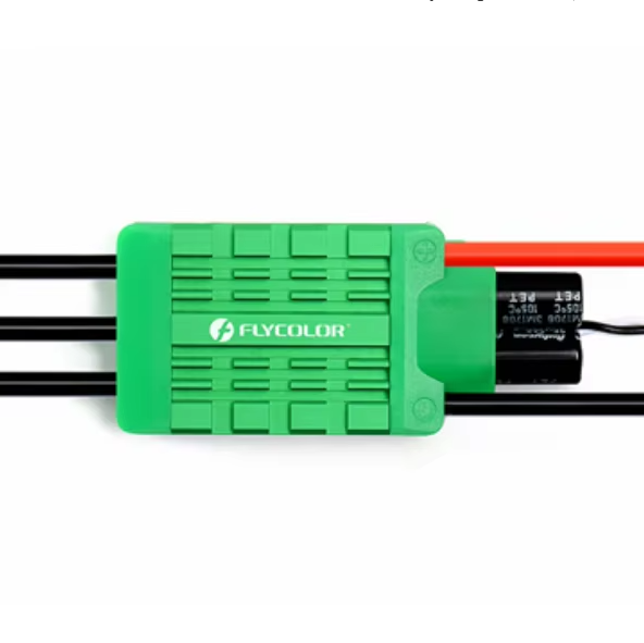 Waterproof ESC speed controller with green casing and FLYCOLOR logo