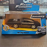 Die-cast toy car model in retail box with blue graphics, Dom's Dodge Charger R/T