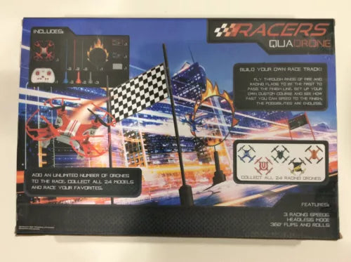 Red RC quadcopter drone in retail box