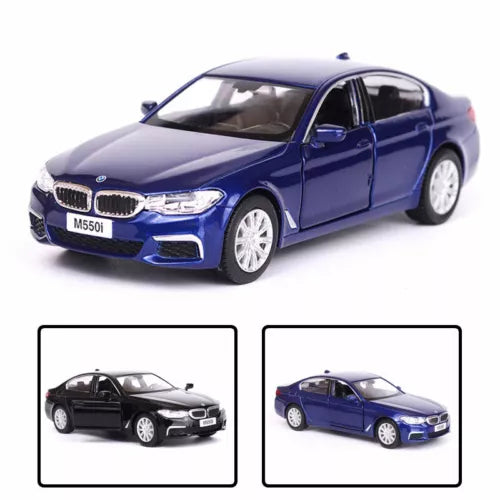 Blue diecast model car, front 3/4 view with BMW grille and headlights, 1/36 scale