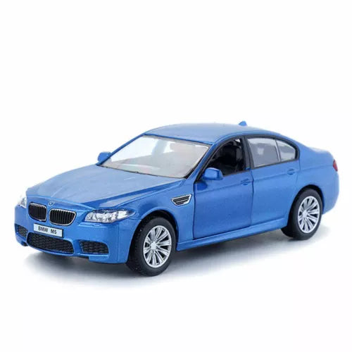 1:36 scale blue BMW M5 diecast model car with pull-back action, 4-door sedan