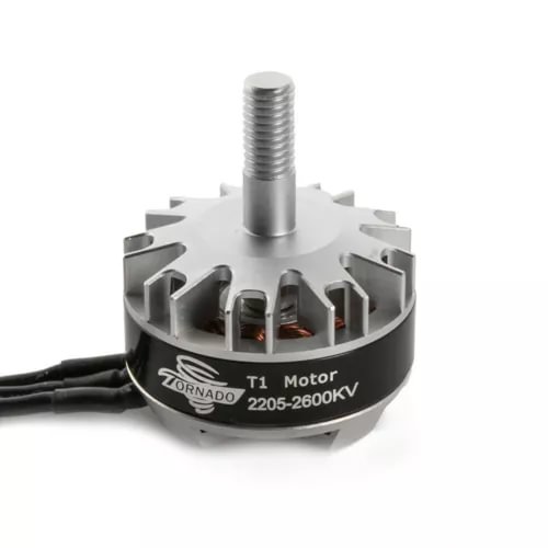 Brushless drone motor with metal shaft, cooling fins, and black wires; Tornado T1 2205-2600KV