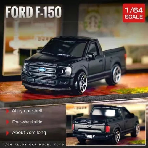 Black 1:64 Ford F-150 diecast pickup truck toy car, front 3/4 view