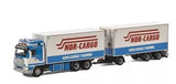 Refrigerated truck diecast model with blue cab and white NOR-CARGO trailer, front 3/4 view