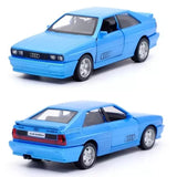 Blue diecast 2-door coupe car model with silver wheels and Audi logo