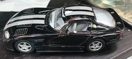 Black 1:36 diecast sports car toy with silver detailing and open door, front-left view