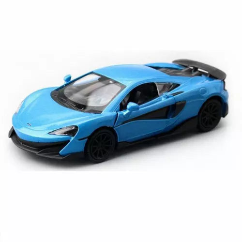 Blue diecast model car with black wheels and rear spoiler, front three-quarter view