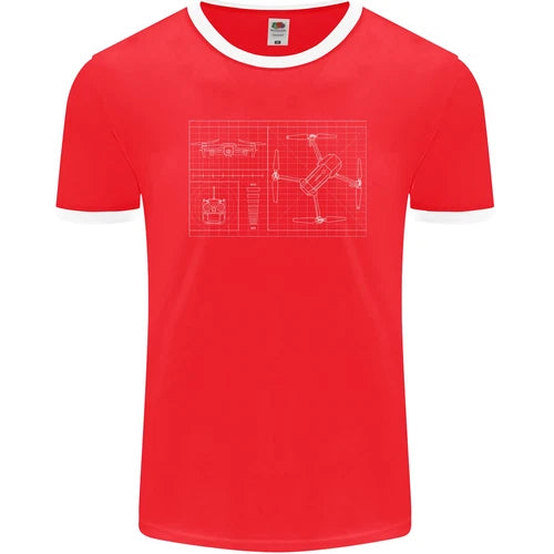 Red men's ringer T-shirt with white neckline and drone blueprint front print