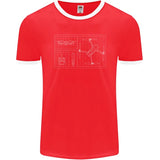 Red men's ringer T-shirt with white neckline and drone blueprint front print