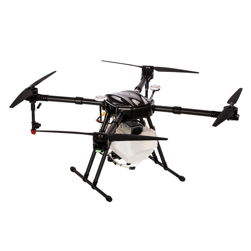 Agricultural spraying drone with four propellers, black frame and central sprayer tank