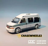 White vintage GMC Savana cutaway van diecast model toy, 1:64 scale, metal.