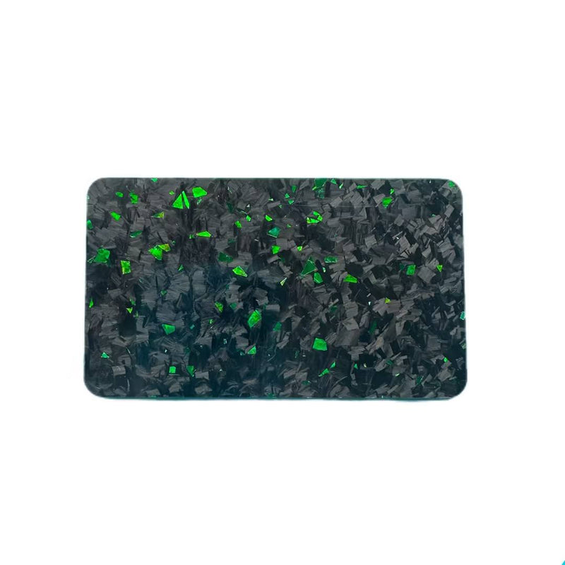 Rectangular carbon fiber sheet with dark black weave and green foil speckle