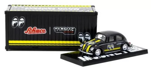 Black VW Beetle 1:64 diecast model car with yellow graphics on display base
