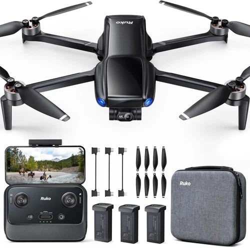 4K mini drone with camera kit, including remote, spare batteries, propellers, and carrying case