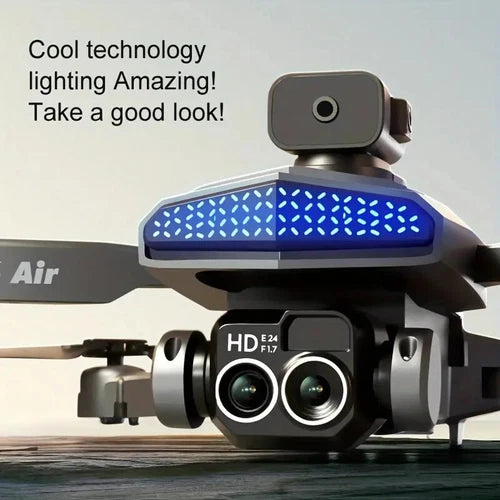 Dual-camera drone with front dual lenses and blue LED light bar