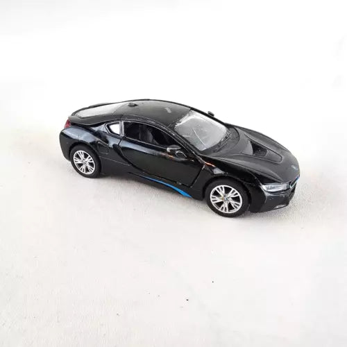 Black 1:36 diecast toy car model, BMW i8 style coupe with pull-back action
